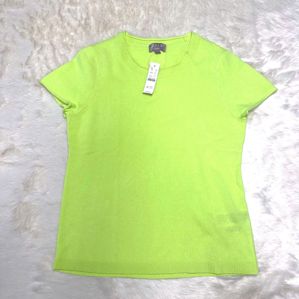 NWT J.Crew Cashmere Short Sleeve Sweater Neon Yellow Crewneck Womens Medium